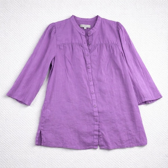 LOFT Tops - LOFT Purple Band Collar Button Down Blouse 3/4 Sleeve Pleated Yoke Size M